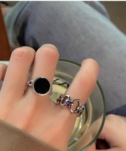 Trendy Korean and Japanese 925 Sterling Silver Open Ring for Women, Retro Black Agate Index Finger Ring with Luxe Appeal