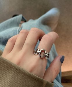 Trendy Korean and Japanese 925 Sterling Silver Open Ring for Women, Retro Black Agate Index Finger Ring with Luxe Appeal