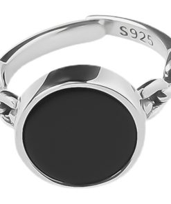 Trendy Korean and Japanese 925 Sterling Silver Open Ring for Women, Retro Black Agate Index Finger Ring with Luxe Appeal