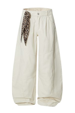 Trendy Leopard Print Wide-Leg Casual Trousers with Scarf Detail - Curved Blade Pants for Y2K and 90s Inspired Style
