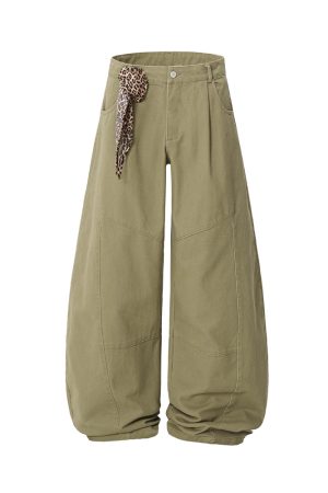 Trendy Leopard Print Wide-Leg Casual Trousers with Scarf Detail - Curved Blade Pants for Y2K and 90s Inspired Style