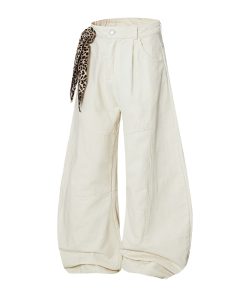 Trendy Leopard Print Wide-Leg Casual Trousers with Scarf Detail - Curved Blade Pants for Y2K and 90s Inspired Style