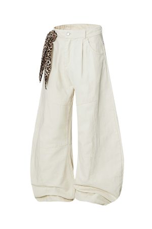 Trendy Leopard Print Wide-Leg Casual Trousers with Scarf Detail - Curved Blade Pants for Y2K and 90s Inspired Style