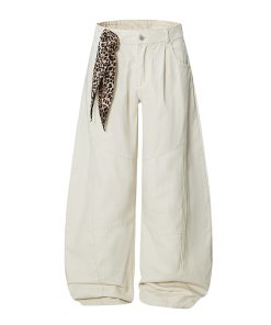 Trendy Leopard Print Wide-Leg Casual Trousers with Scarf Detail - Curved Blade Pants for Y2K and 90s Inspired Style