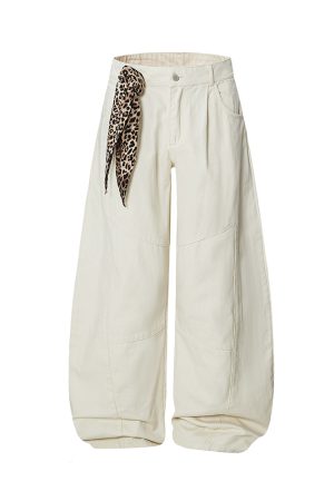 Trendy Leopard Print Wide-Leg Casual Trousers with Scarf Detail - Curved Blade Pants for Y2K and 90s Inspired Style