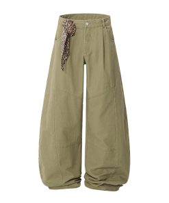 Trendy Leopard Print Wide-Leg Casual Trousers with Scarf Detail - Curved Blade Pants for Y2K and 90s Inspired Style