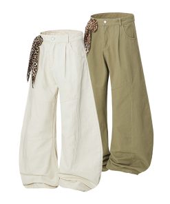 Trendy Leopard Print Wide-Leg Casual Trousers with Scarf Detail - Curved Blade Pants for Y2K and 90s Inspired Style