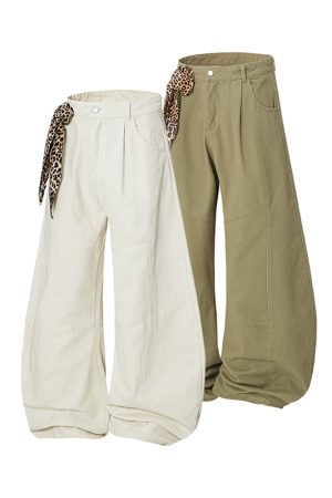 Trendy Leopard Print Wide-Leg Casual Trousers with Scarf Detail - Curved Blade Pants for Y2K and 90s Inspired Style
