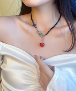 Trendy Letter Heart Black Crystal Necklace - Clavicle Chain Love Pendant for a Sweet Temperament - 2025 Original Design