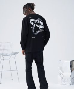 Trendy Long Sleeve T-Shirt with Double Ring Blur Print and Drip Glue Detail, Street Style Fashion, Edgy Graphic Tee