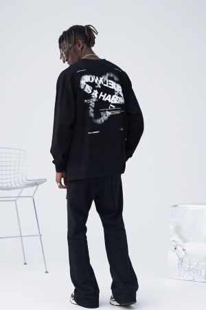 Trendy Long Sleeve T-Shirt with Double Ring Blur Print and Drip Glue Detail, Street Style Fashion, Edgy Graphic Tee