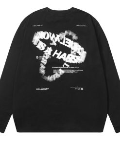 Trendy Long Sleeve T-Shirt with Double Ring Blur Print and Drip Glue Detail, Street Style Fashion, Edgy Graphic Tee