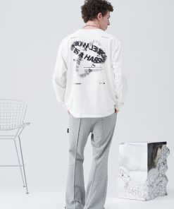 Trendy Long Sleeve T-Shirt with Double Ring Blur Print and Drip Glue Detail, Street Style Fashion, Edgy Graphic Tee