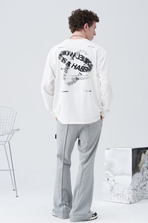 Trendy Long Sleeve T-Shirt with Double Ring Blur Print and Drip Glue Detail, Street Style Fashion, Edgy Graphic Tee