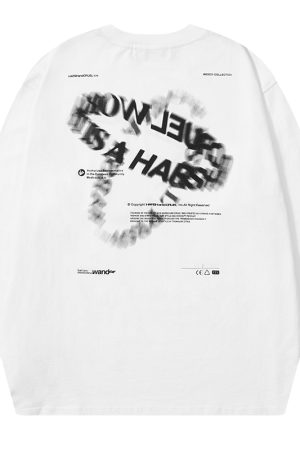 Trendy Long Sleeve T-Shirt with Double Ring Blur Print and Drip Glue Detail, Street Style Fashion, Edgy Graphic Tee