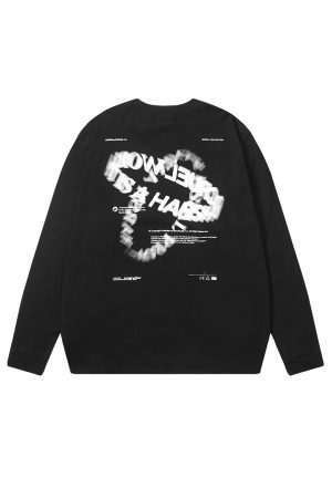 Trendy Long Sleeve T-Shirt with Double Ring Blur Print and Drip Glue Detail, Street Style Fashion, Edgy Graphic Tee