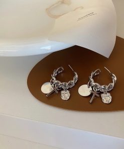 Trendy Metal Chain Cross Tassel Hoop Earrings for Women - Versatile Minimalist Ear Accessories in Harbor Style