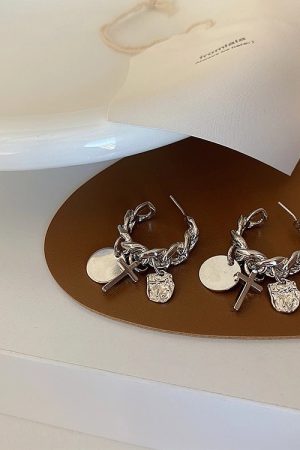 Trendy Metal Chain Cross Tassel Hoop Earrings for Women - Versatile Minimalist Ear Accessories in Harbor Style
