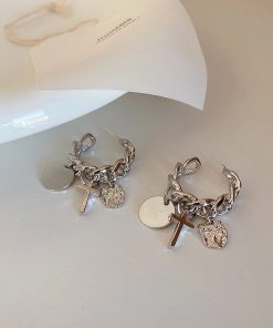 Trendy Metal Chain Cross Tassel Hoop Earrings for Women - Versatile Minimalist Ear Accessories in Harbor Style