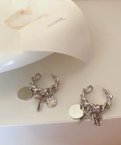 Trendy Metal Chain Cross Tassel Hoop Earrings for Women - Versatile Minimalist Ear Accessories in Harbor Style