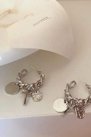 Trendy Metal Chain Cross Tassel Hoop Earrings for Women - Versatile Minimalist Ear Accessories in Harbor Style