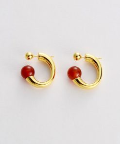 Trendy Minimalist C-Shaped Round Red Agate Bead Stud Earrings for a Chic European American Style Look