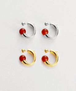 Trendy Minimalist C-Shaped Round Red Agate Bead Stud Earrings for a Chic European American Style Look