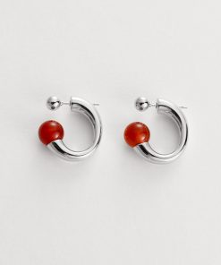 Trendy Minimalist C-Shaped Round Red Agate Bead Stud Earrings for a Chic European American Style Look