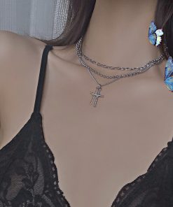 Trendy Multi-Layer Double Cross Necklace in Korean & Japanese Style, Roman Numerals, Hip-Hop Streetwear Accessory