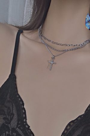Trendy Multi-Layer Double Cross Necklace in Korean & Japanese Style, Roman Numerals, Hip-Hop Streetwear Accessory