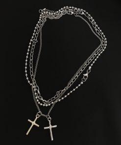 Trendy Multi-Layer Double Cross Necklace in Korean & Japanese Style, Roman Numerals, Hip-Hop Streetwear Accessory