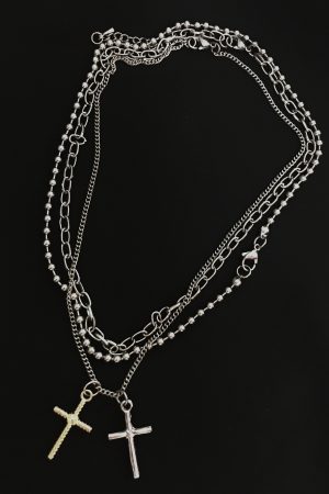 Trendy Multi-Layer Double Cross Necklace in Korean & Japanese Style, Roman Numerals, Hip-Hop Streetwear Accessory