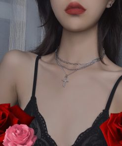 Trendy Multi-Layer Double Cross Necklace in Korean & Japanese Style, Roman Numerals, Hip-Hop Streetwear Accessory