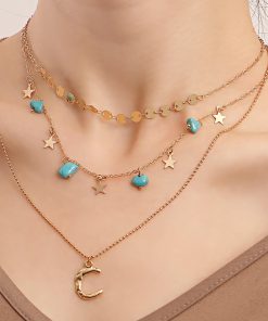Trendy Multi-Layer Natural Turquoise Crescent Pendant Necklace for Women, European and American Style Hot Girl Accessories
