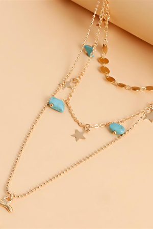 Trendy Multi-Layer Natural Turquoise Crescent Pendant Necklace for Women, European and American Style Hot Girl Accessories