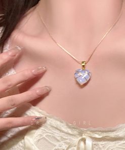 Trendy Opal Heart Necklace for Women - Barbie Princess Style Clavicle Chain Pendant 2025 Fashion Accessory