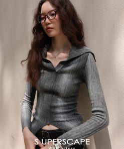 Trendy Oversized Collar Gradient Color Block Split Hem Fitted Knit Top for Y2K and Korean Style Fashion