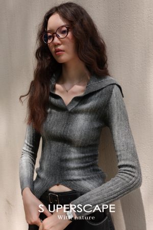 Trendy Oversized Collar Gradient Color Block Split Hem Fitted Knit Top for Y2K and Korean Style Fashion