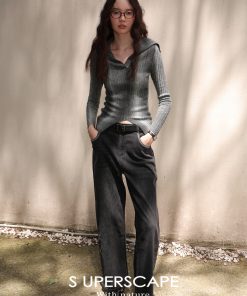 Trendy Oversized Collar Gradient Color Block Split Hem Fitted Knit Top for Y2K and Korean Style Fashion