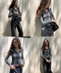 Trendy Oversized Collar Gradient Color Block Split Hem Fitted Knit Top for Y2K and Korean Style Fashion