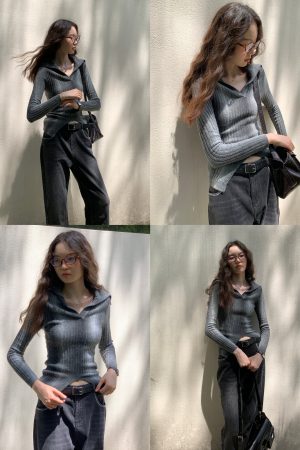 Trendy Oversized Collar Gradient Color Block Split Hem Fitted Knit Top for Y2K and Korean Style Fashion