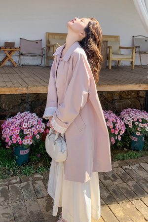 Trendy Pink Mid-Length Trench Coat for Women - 2025 Spring Casual Slim-Fit Outerwear, High-End Fashion Statement