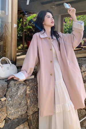 Trendy Pink Mid-Length Trench Coat for Women - 2025 Spring Casual Slim-Fit Outerwear, High-End Fashion Statement