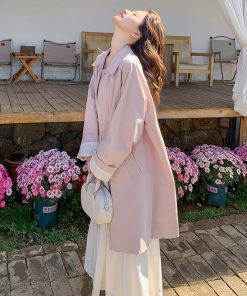 Trendy Pink Mid-Length Trench Coat for Women - 2025 Spring Casual Slim-Fit Outerwear, High-End Fashion Statement