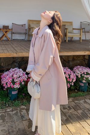 Trendy Pink Mid-Length Trench Coat for Women - 2025 Spring Casual Slim-Fit Outerwear, High-End Fashion Statement