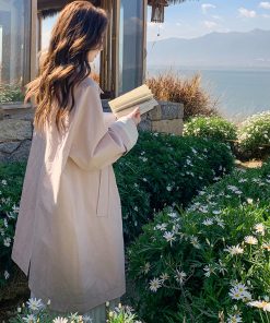 Trendy Pink Mid-Length Trench Coat for Women - 2025 Spring Casual Slim-Fit Outerwear, High-End Fashion Statement