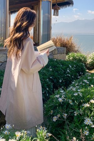 Trendy Pink Mid-Length Trench Coat for Women - 2025 Spring Casual Slim-Fit Outerwear, High-End Fashion Statement