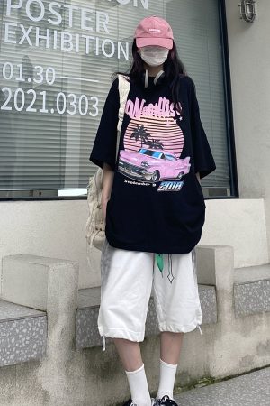 Trendy Pink Vaporwave Racing T-Shirt for Couples - Summer Loose Short Sleeve with Graphic Letter Design - Y2K Style