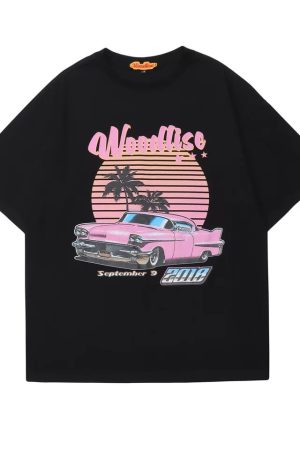 Trendy Pink Vaporwave Racing T-Shirt for Couples - Summer Loose Short Sleeve with Graphic Letter Design - Y2K Style