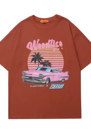 Trendy Pink Vaporwave Racing T-Shirt for Couples - Summer Loose Short Sleeve with Graphic Letter Design - Y2K Style